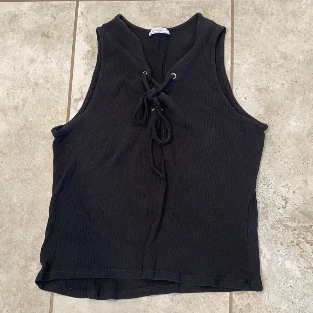 ZARA Trafaluc TRF Tie Up Sleeveless Top Tank Shirt Ribbed Black Cropped Small